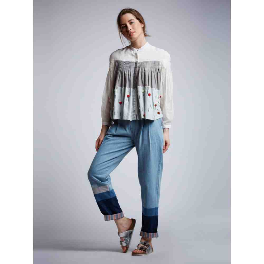 Doodlage Panelled Pleated Top With Floral Embroidery