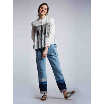Doodlage Panelled Pleated Top With Floral Embroidery