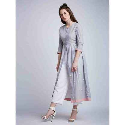 Doodlage Side Gathered Dress With Floral Embroidery And Pants (Set of 2)