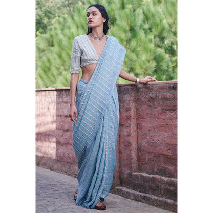 Dressfolk Blue handwoven saree with silver zari and beautiful stripes.