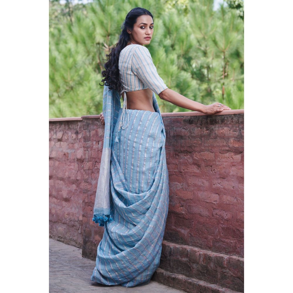 Dressfolk Blue handwoven saree with silver zari and beautiful stripes.