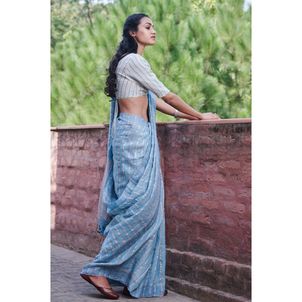 Dressfolk Blue handwoven saree with silver zari and beautiful stripes.