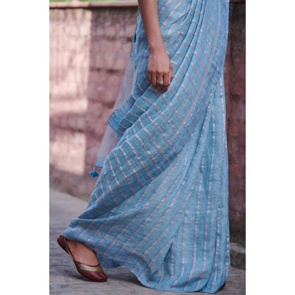 Dressfolk Blue handwoven saree with silver zari and beautiful stripes.