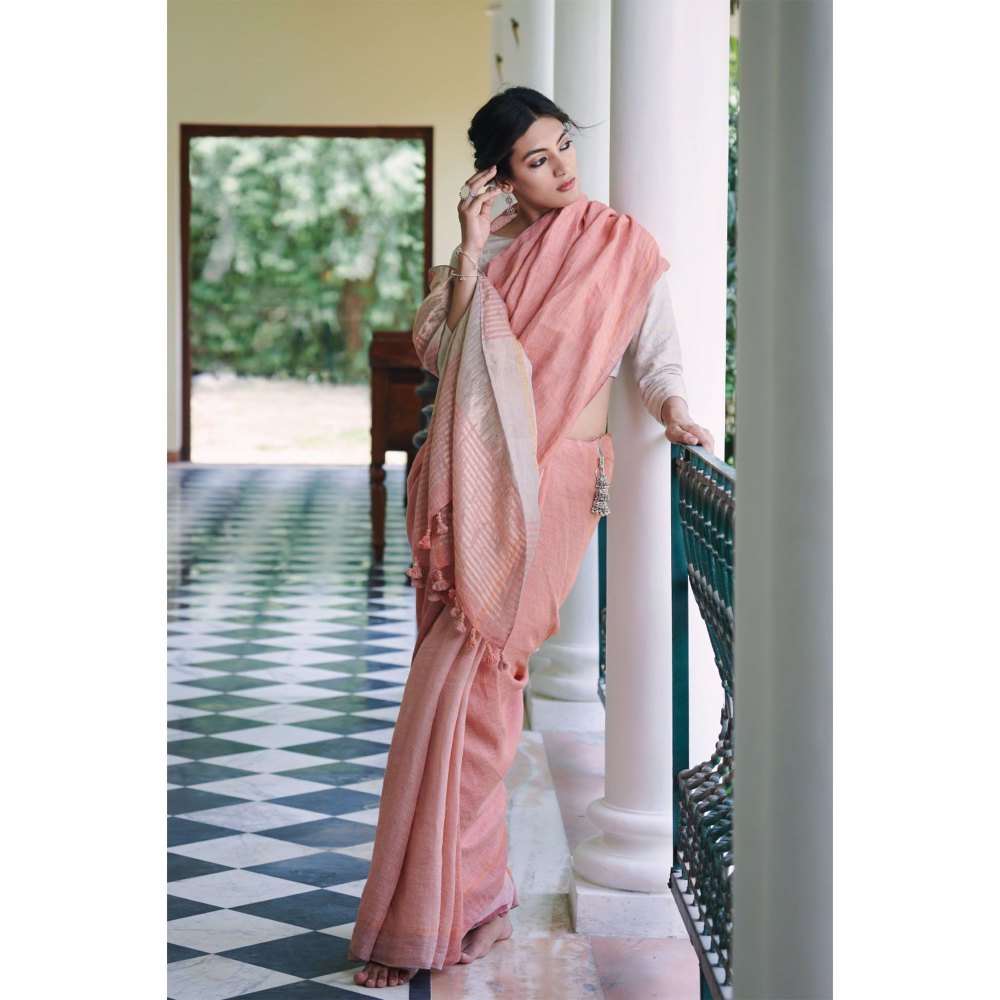 Dressfolk Pink handwoven saree with silver zari