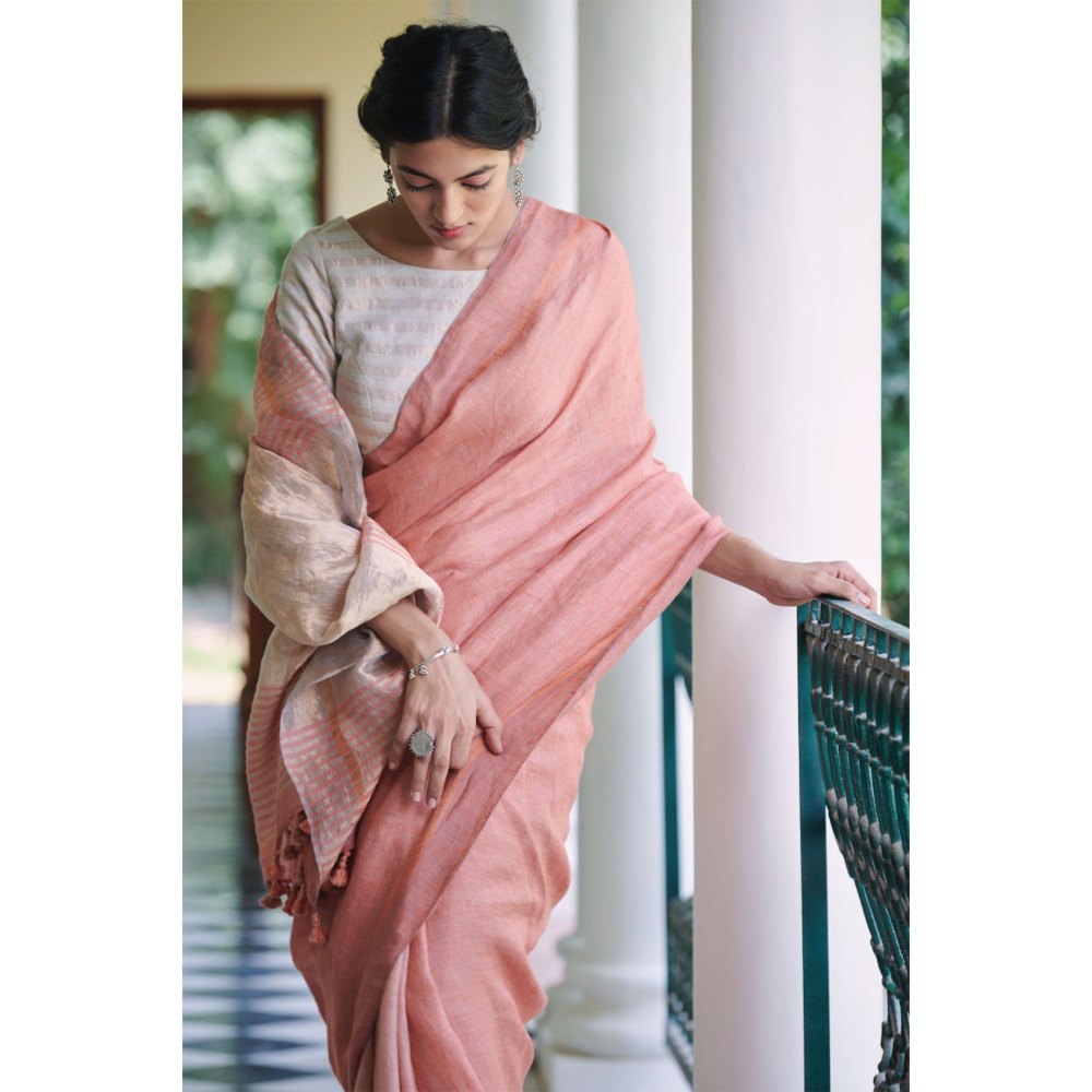 Dressfolk Pink handwoven saree with silver zari