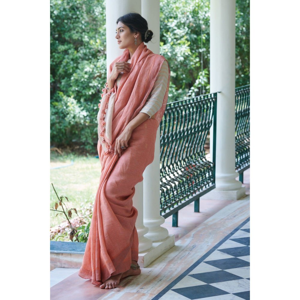 Dressfolk peach beautifully handwoven linen with golden zari buttas