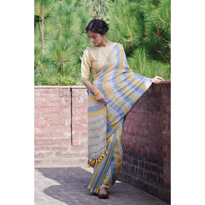 Dressfolk Bright bold stripes handwoven silver zari saree.