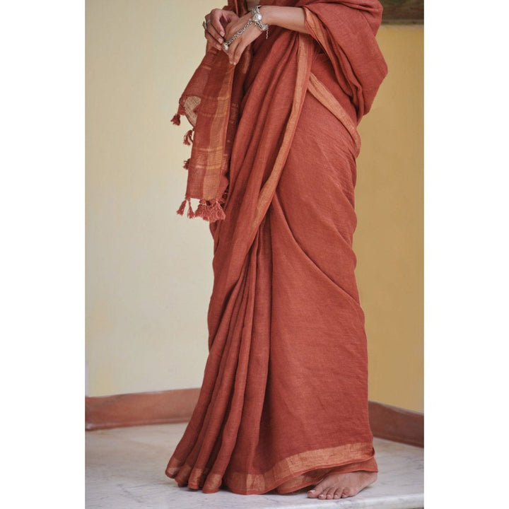 Dressfolk Terracotta handcrafted linen saree.