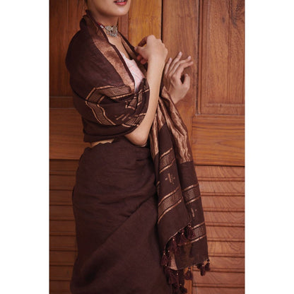 Dressfolk Deep maroon linen handwoven saree with gorgeous golden zari.