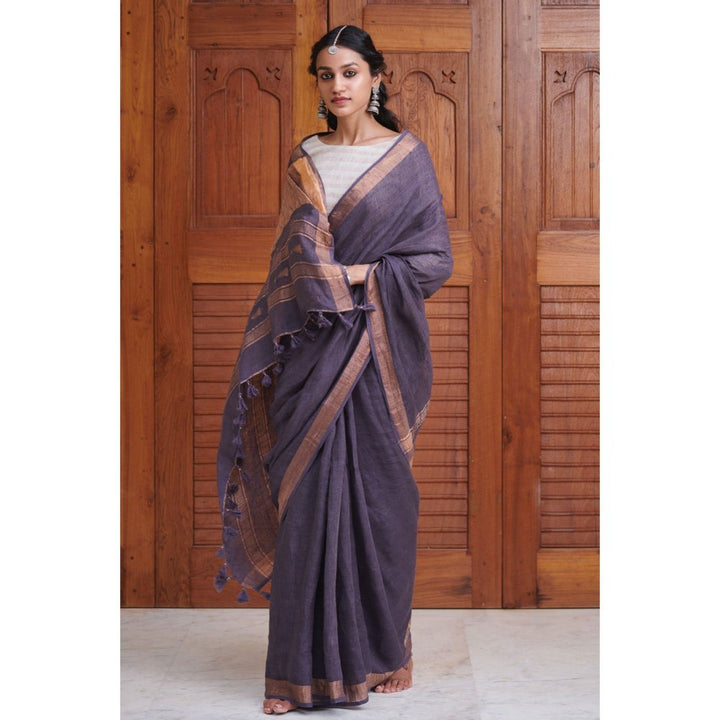Dressfolk Rich violet linen handwoven saree with golden zari
