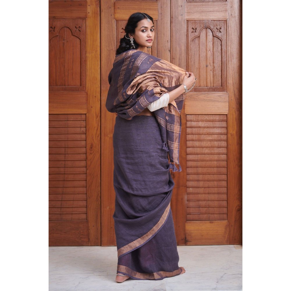 Dressfolk Rich violet linen handwoven saree with golden zari