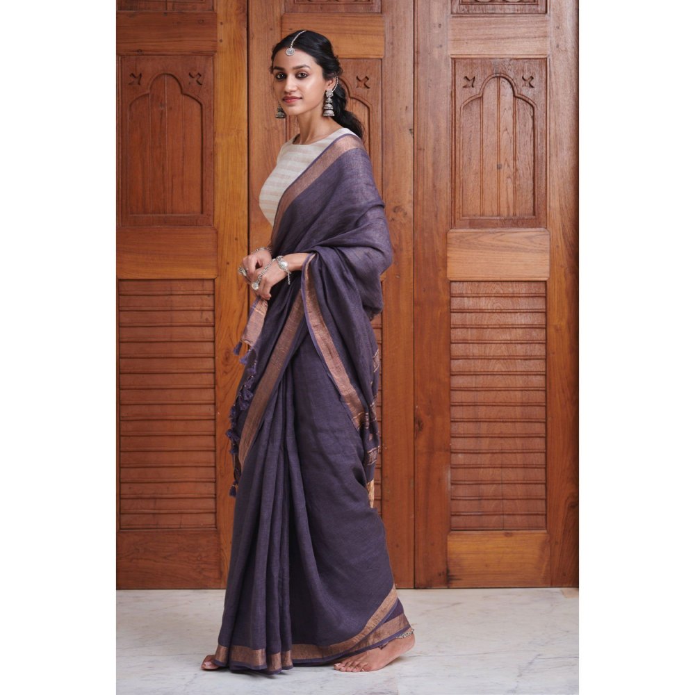 Dressfolk Rich violet linen handwoven saree with golden zari