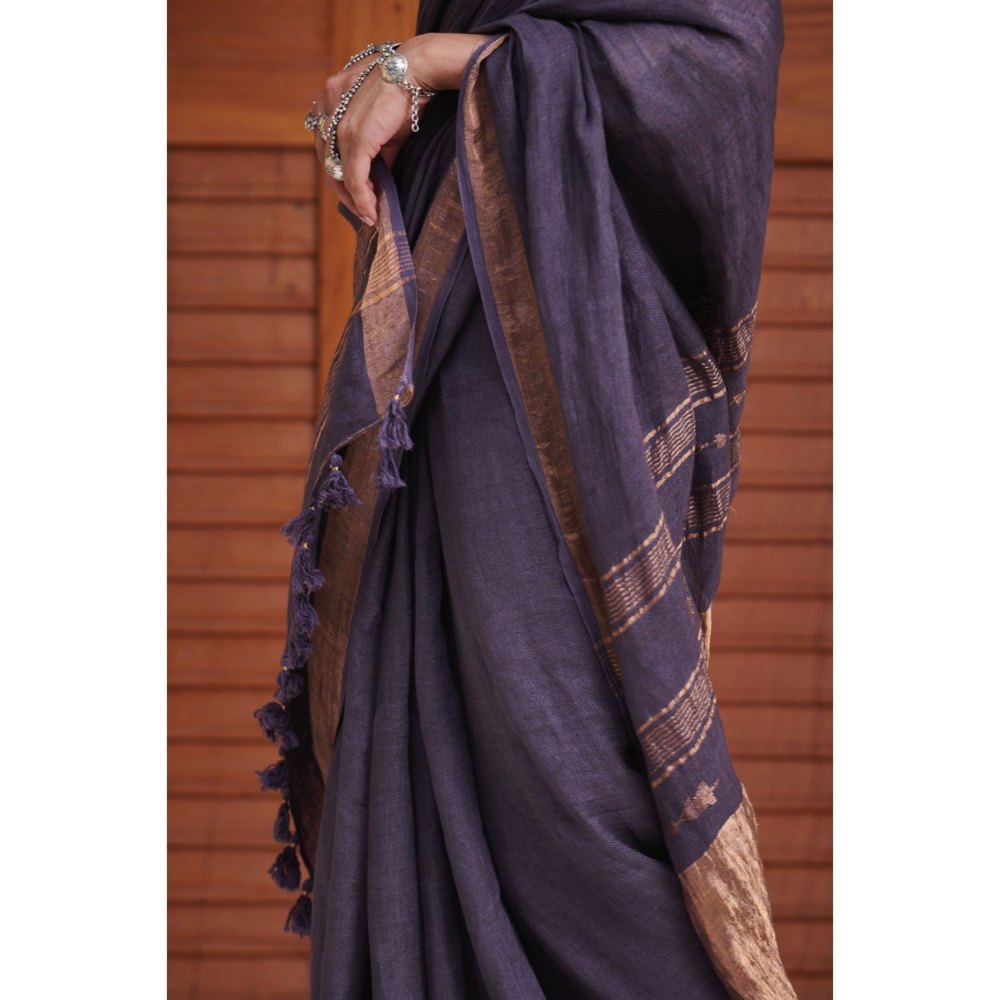 Dressfolk Rich violet linen handwoven saree with golden zari