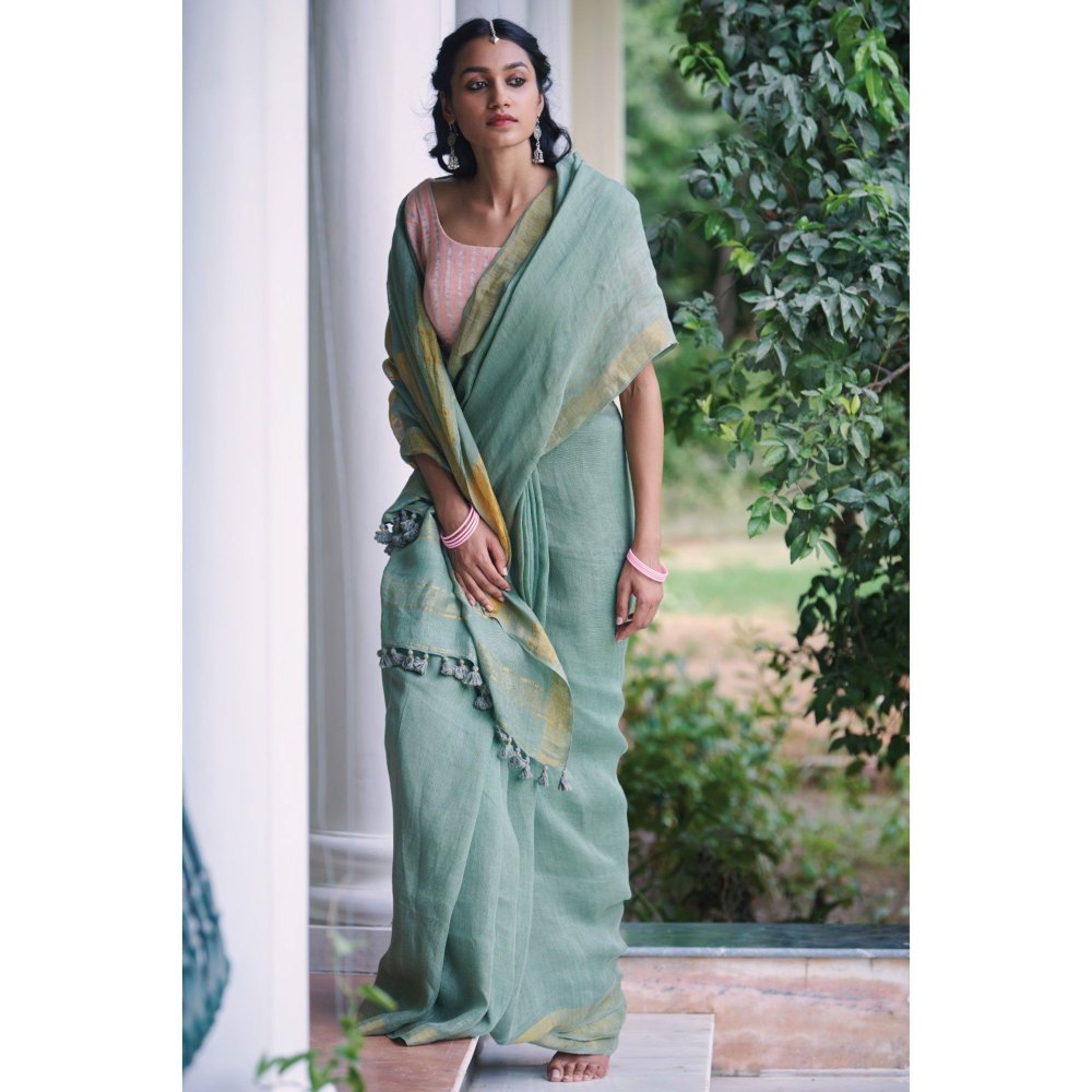 Dressfolk sage green linen jamdani saree