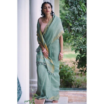 Dressfolk sage green linen jamdani saree