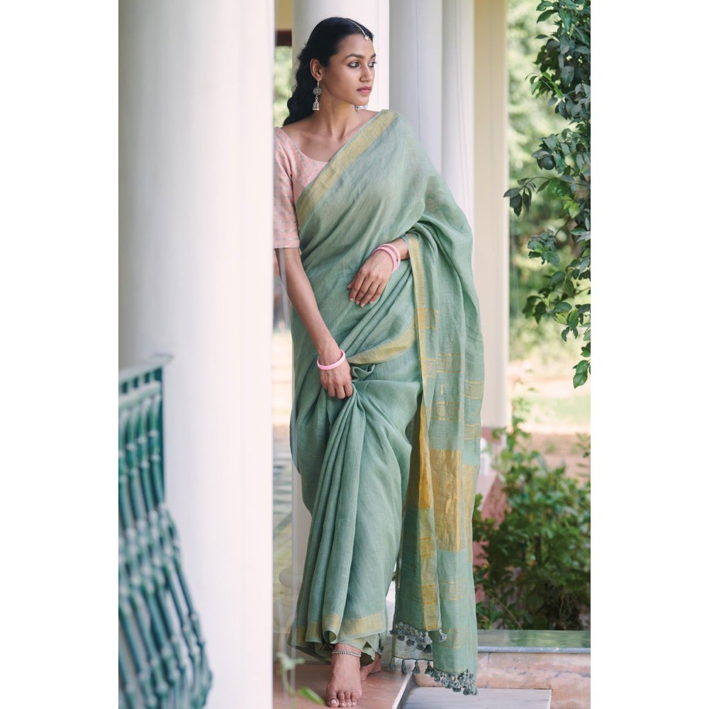 Dressfolk sage green linen jamdani saree