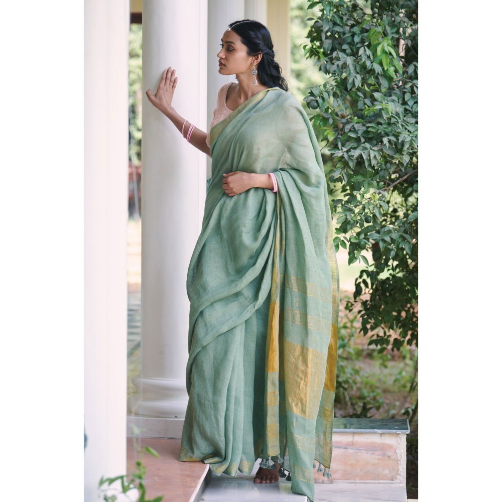 Dressfolk sage green linen jamdani saree