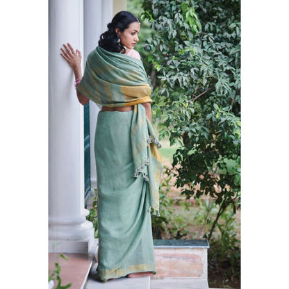 Dressfolk sage green linen jamdani saree