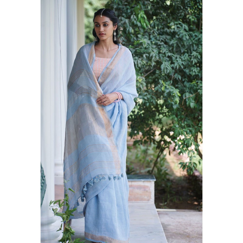Dressfolk sky blue handwoven linen saree