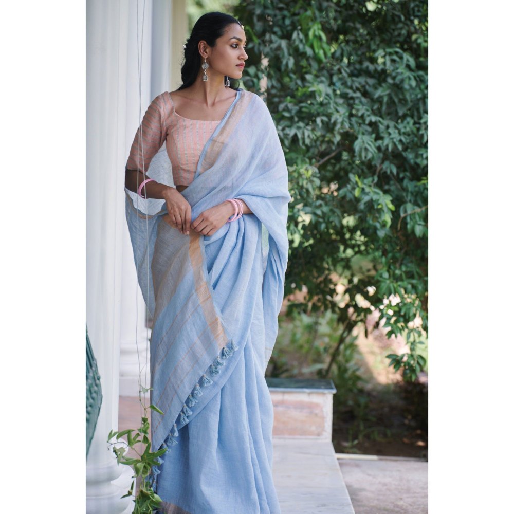 Dressfolk sky blue handwoven linen saree