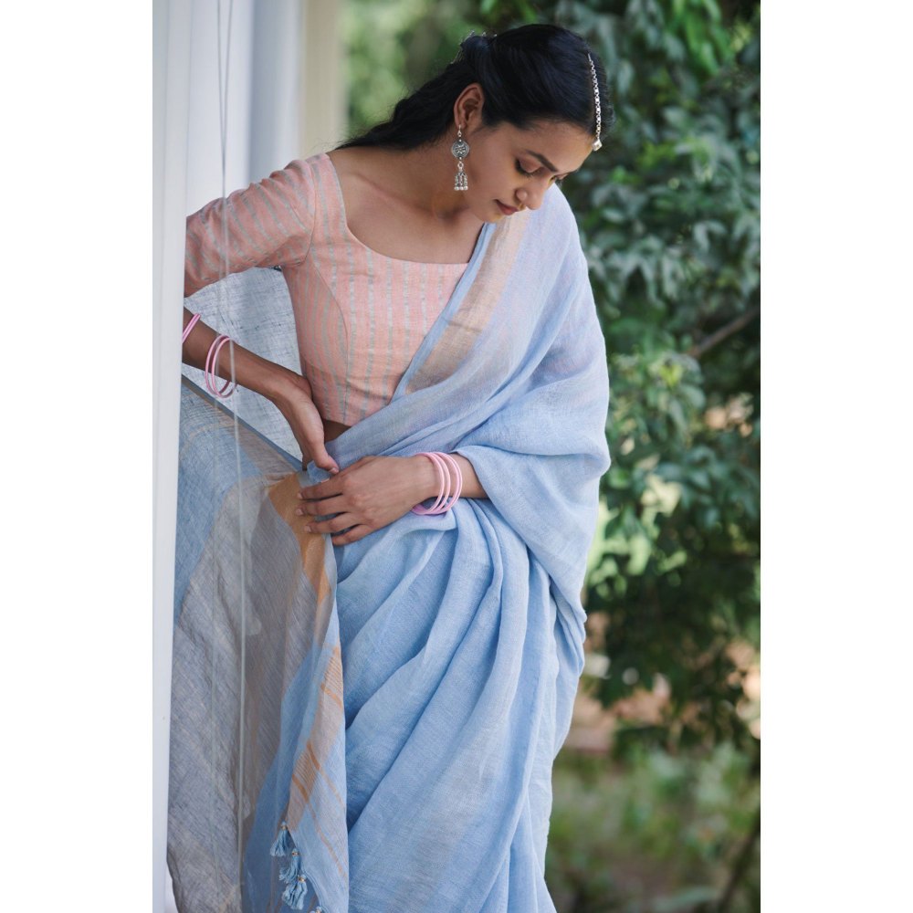 Dressfolk sky blue handwoven linen saree