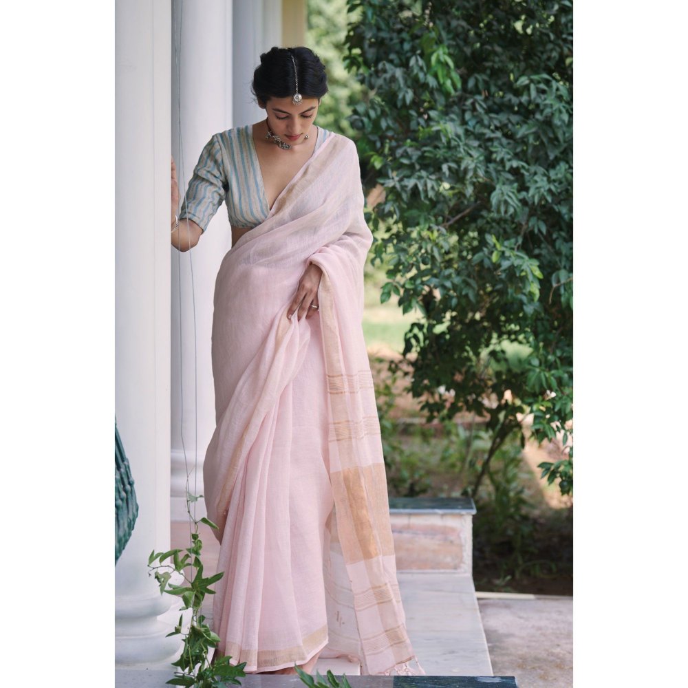 Dressfolk soft romantic pink handwoven linen saree