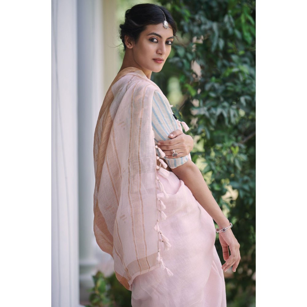 Dressfolk soft romantic pink handwoven linen saree