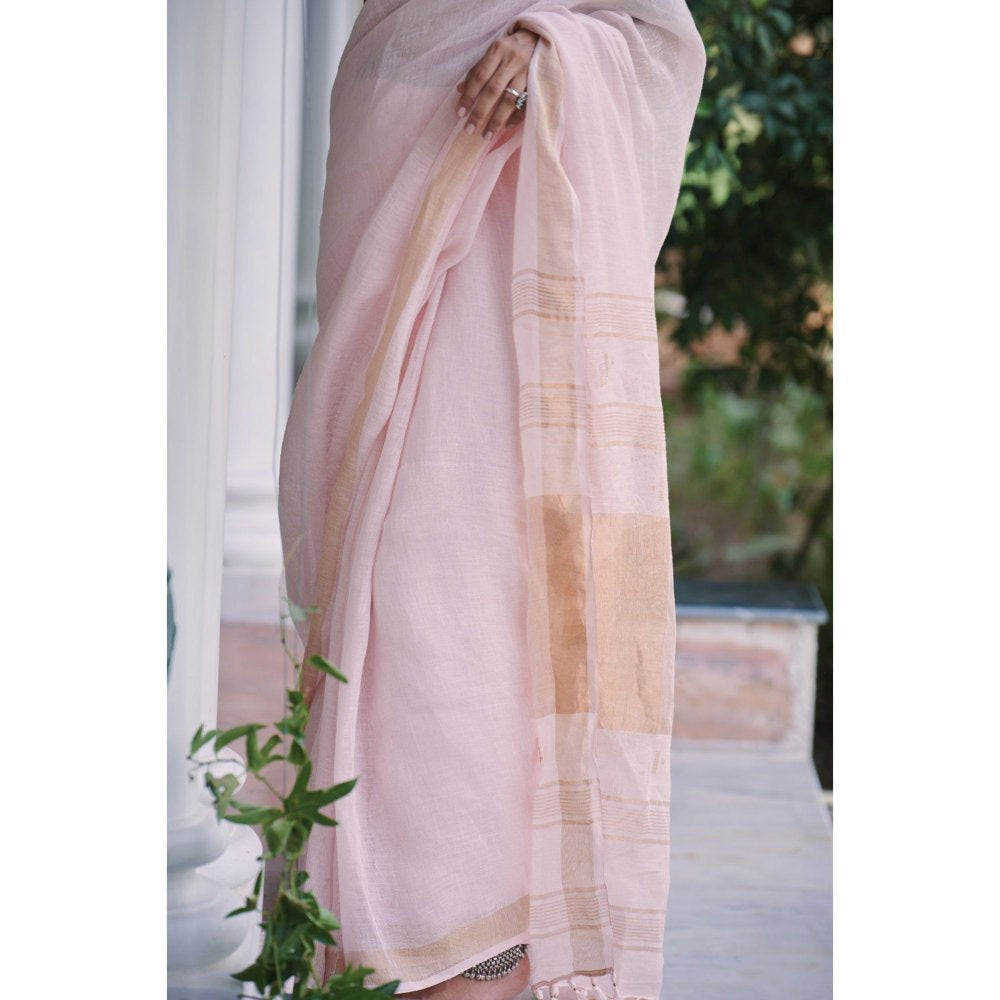 Dressfolk soft romantic pink handwoven linen saree