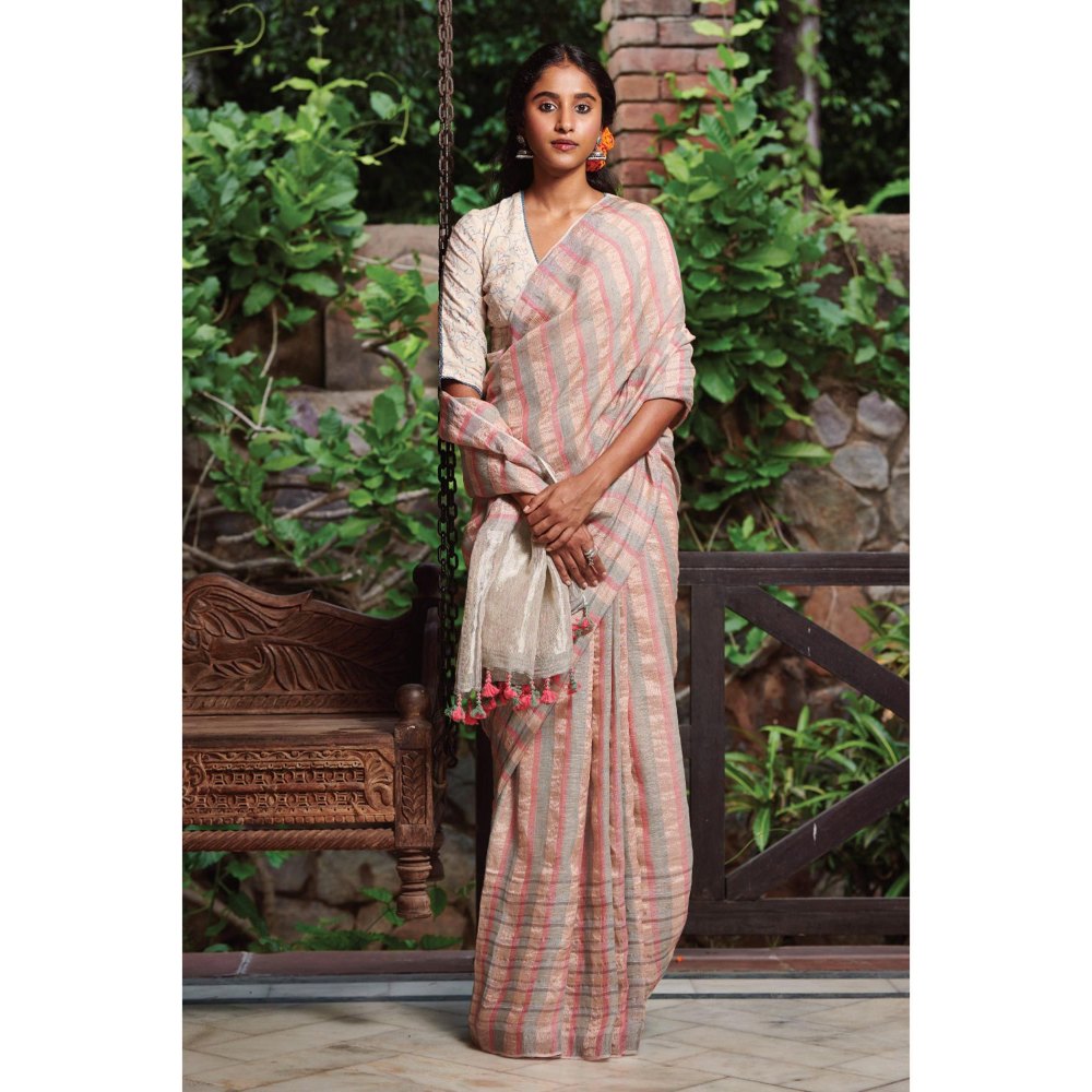 Dressfolk Soft Pink, Steel Grey, and Silver Zari Jamdani Linen Saree