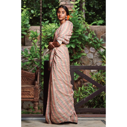 Dressfolk Soft Pink, Steel Grey, and Silver Zari Jamdani Linen Saree