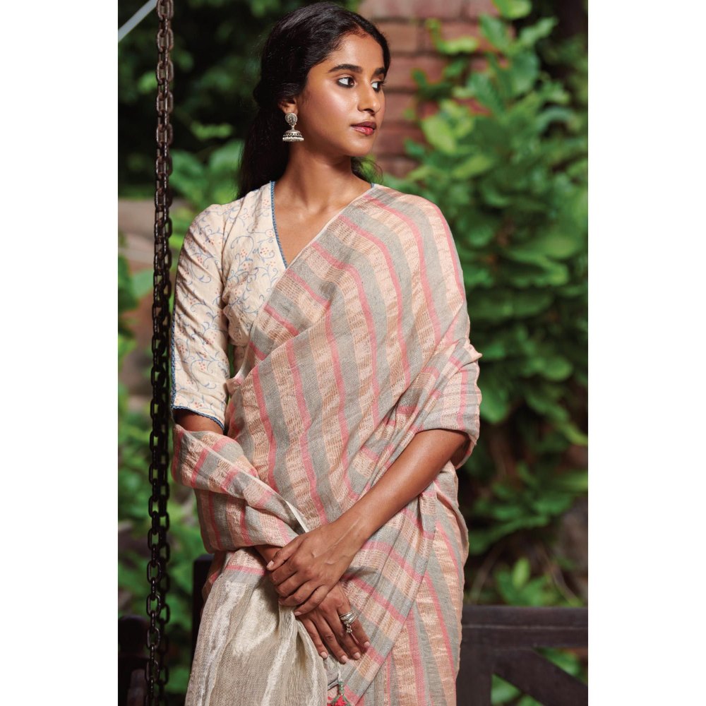 Dressfolk Soft Pink, Steel Grey, and Silver Zari Jamdani Linen Saree