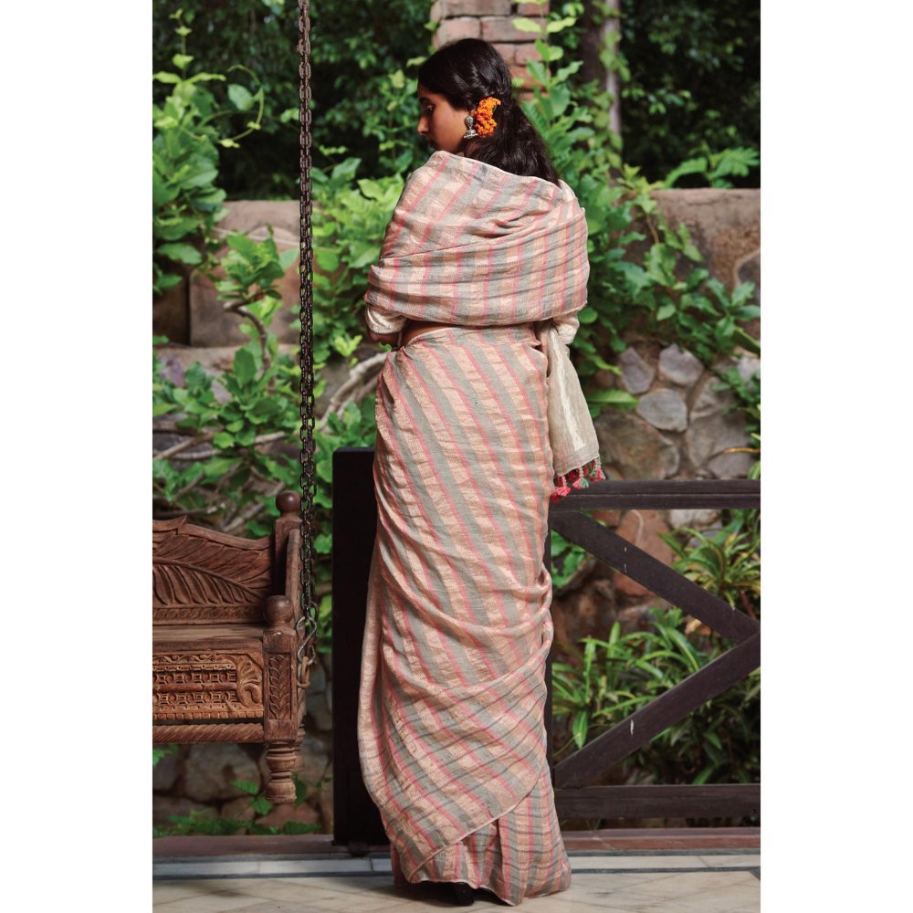 Dressfolk Soft Pink, Steel Grey, and Silver Zari Jamdani Linen Saree