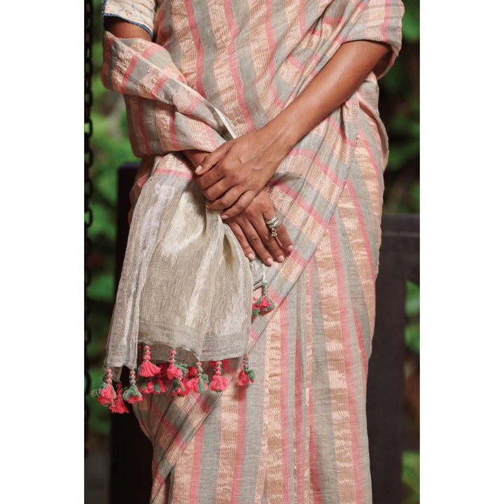 Dressfolk Soft Pink, Steel Grey, and Silver Zari Jamdani Linen Saree
