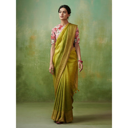 Dressfolk green ombre handwoven linen saree