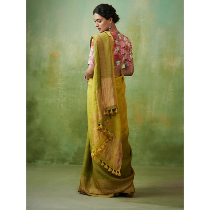 Dressfolk green ombre handwoven linen saree