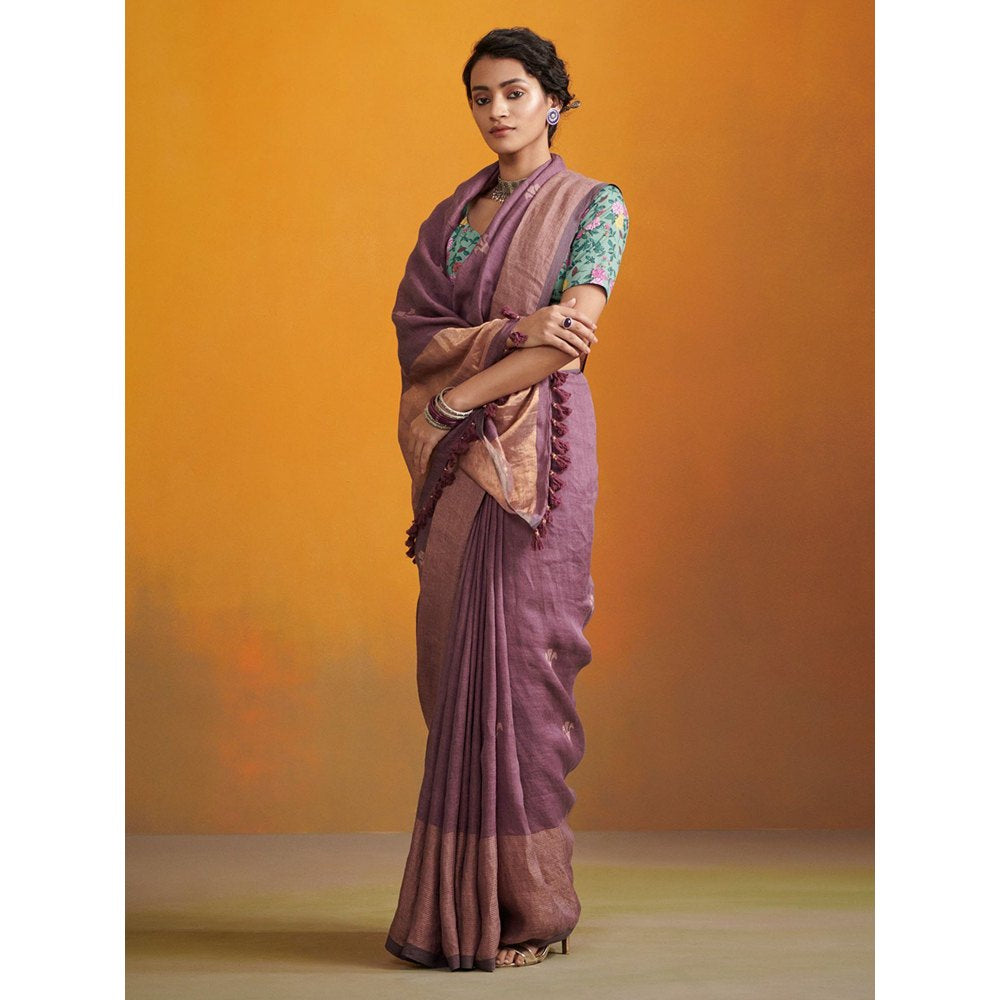Dressfolk deep purple handwoven linen saree with jamdani motifs