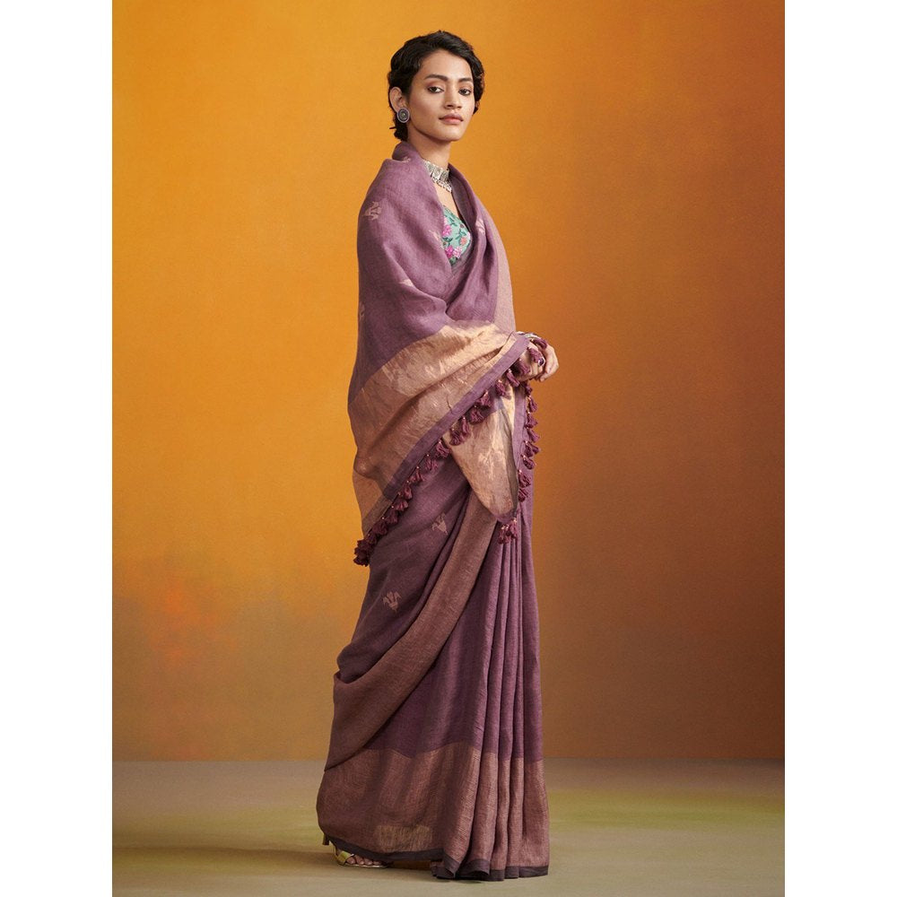 Dressfolk deep purple handwoven linen saree with jamdani motifs
