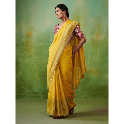 Dressfolk deep yellow handwoven linen saree