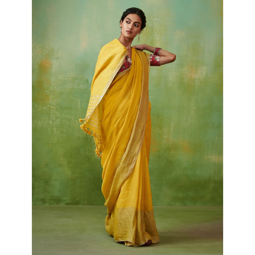 Dressfolk deep yellow handwoven linen saree