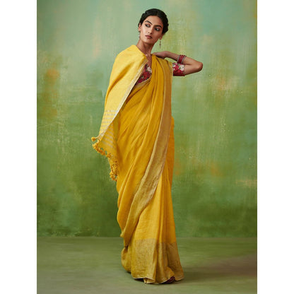 Dressfolk deep yellow handwoven linen saree