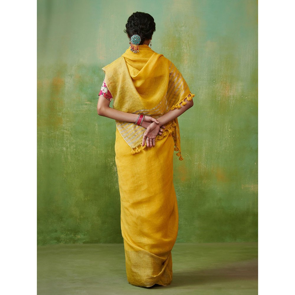 Dressfolk deep yellow handwoven linen saree