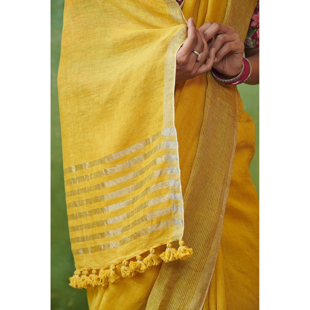 Dressfolk deep yellow handwoven linen saree
