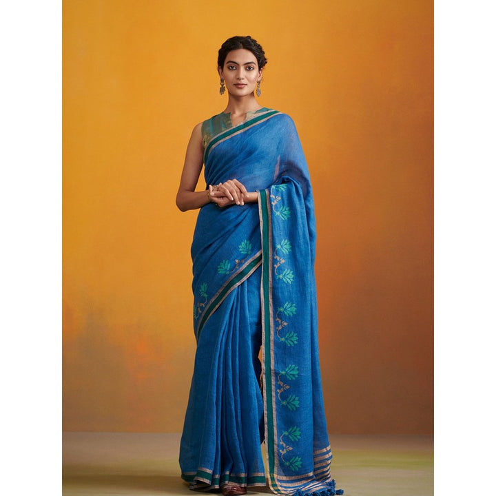Dressfolk deep blue handwoven linen saree