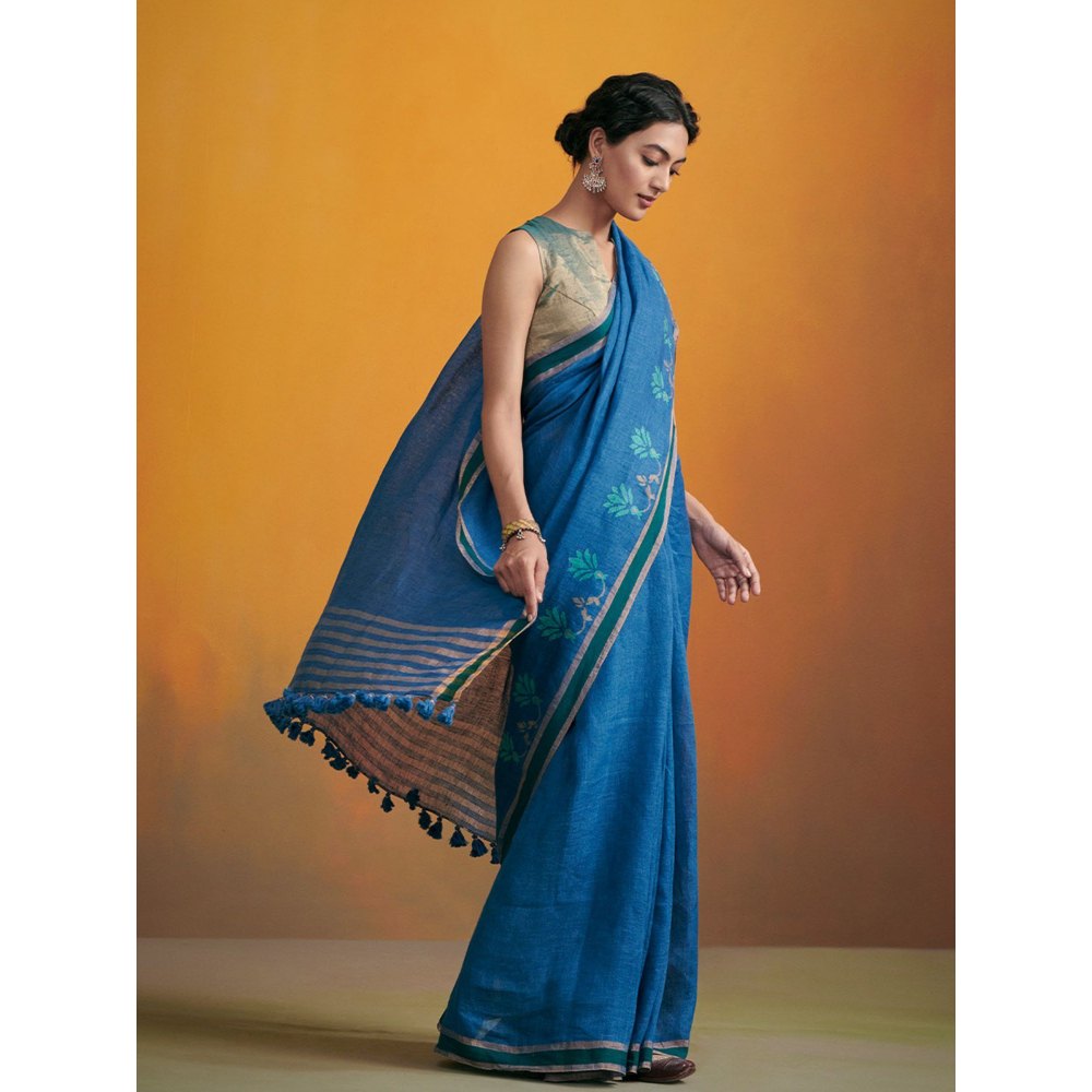 Dressfolk deep blue handwoven linen saree