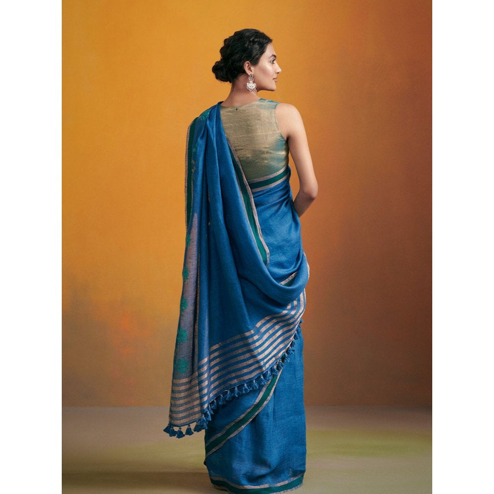 Dressfolk deep blue handwoven linen saree