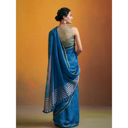 Dressfolk deep blue handwoven linen saree