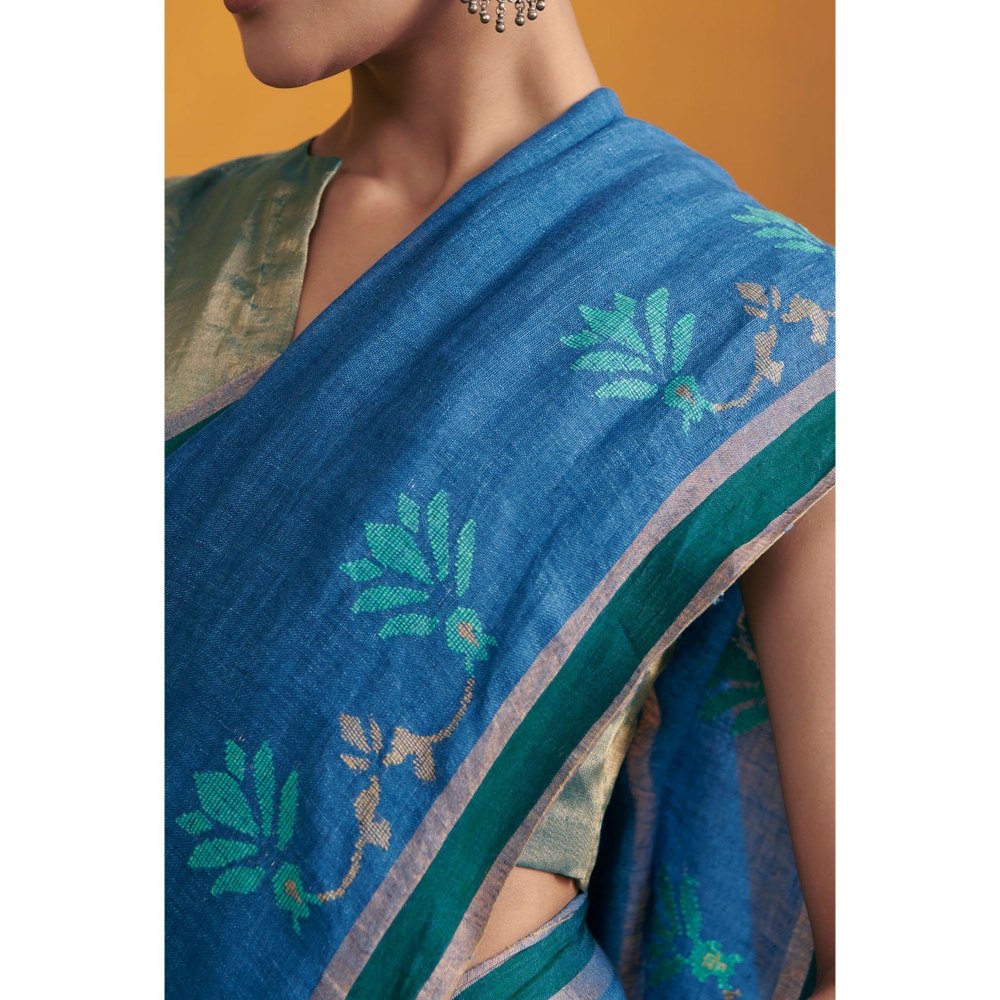 Dressfolk deep blue handwoven linen saree