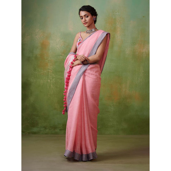 Dressfolk Rose linen saree with delicate zari