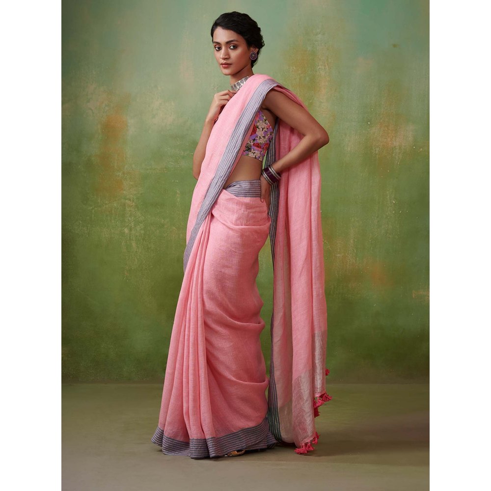 Dressfolk Rose linen saree with delicate zari