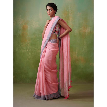 Dressfolk Rose linen saree with delicate zari